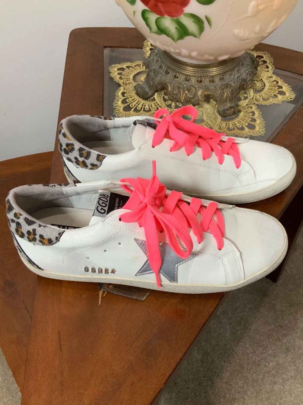 Golden Goose Super Star White Leather Silver Star Leopard Pink Sneakers Size 9